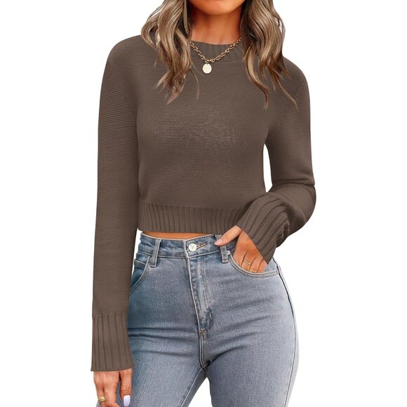 ⚡Green Women’s Fall Cropped Sweater 2025 Crewneck Soft Ribbed Knit Pullover Top - Picture 1 of 5